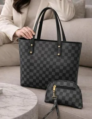 Women's Black Checkered Leather Handbag Set | Premium PU Leather Shoulder Bag Set for Office, Shopping & Daily Use - Image 2