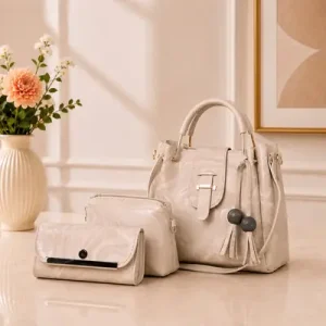 Beige Women's Leather Plain Handbag Set – Elegant PU Leather Purse Set with Premium Fashion Design