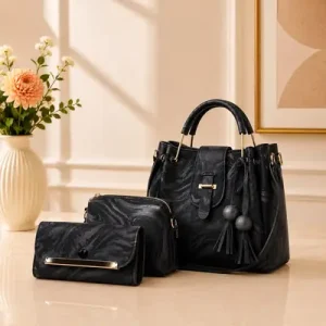 Black Women's Leather Plain Handbag Set – Elegant PU Leather Purse Set with Premium Classic Design