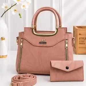 Peach Women's Leather Printed Handbag Set – Stylish 3-Piece Fashion Purse Set with Premium Design