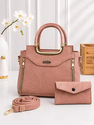 Peach Women's Leather Printed Handbag Set – Stylish 3-Piece Fashion Purse Set with Premium Design