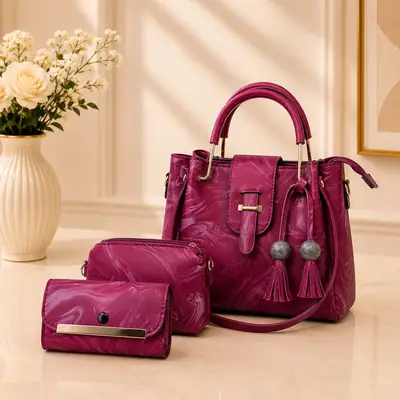 Maroon Women's Leather Plain Handbag Set – Elegant PU Leather Purse Set with Premium Fashion Design
