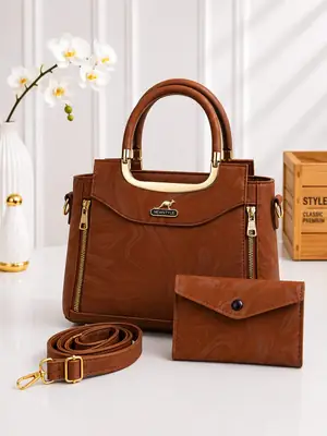Mustard Women's Leather Printed Handbag Set – Stylish 3-Piece Fashion Purse Set with Premium Design - Image 2