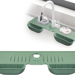 Silicone Faucet Splash Guard Mat with Sponge Holder Green Sink Water Catcher & Kitchen Organizer