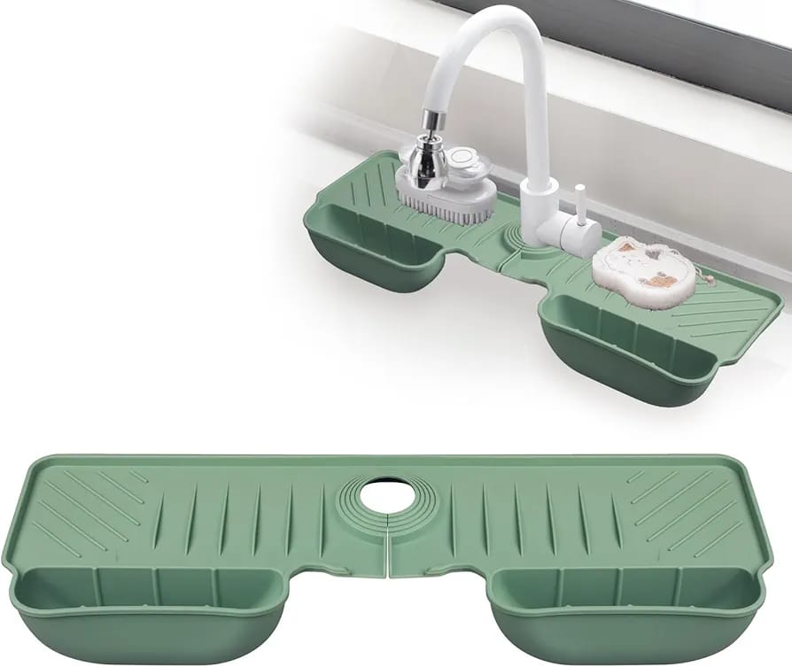 Silicone Faucet Splash Guard Mat with Sponge Holder Green Sink Water Catcher & Kitchen Organizer