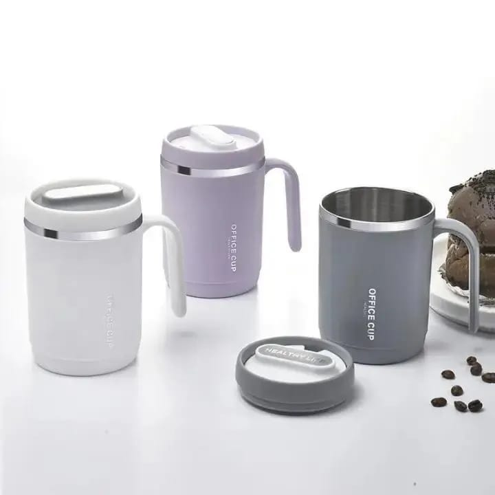 Office Cup: 500ml Double-Walled Stainless Steel Coffee Mug with Ergonomic Handle, Splash-Proof Lid, and Minimalist Healthy Life Aesthetic for Home & Workspace