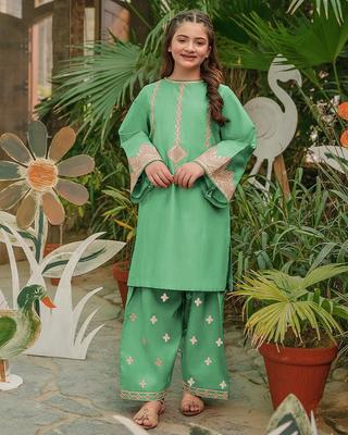 Green Embroidered 2-Piece Cotton Suit for Girls (7โ12 Years) | Stitched Kurta & Trouser Set - Image 2