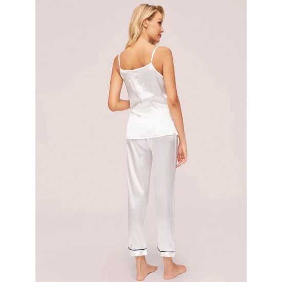 Women's White Contrast Binding Cami & Pants Nightwear Set - Image 2