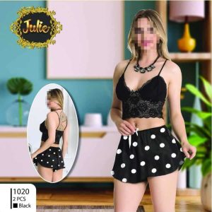 Black Lace Bralette & Polka Dot Shorts Sleepwear Set for Women