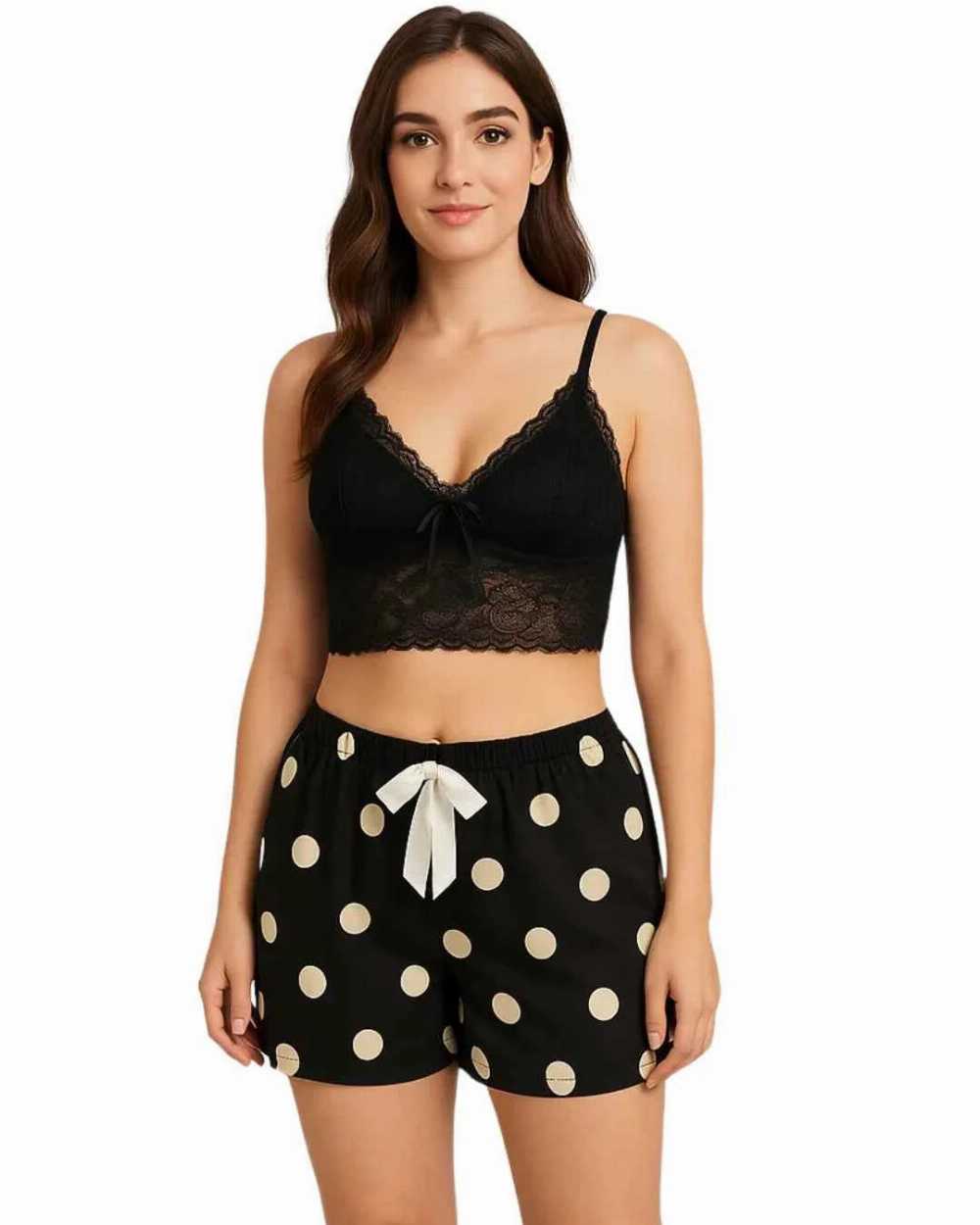 Black Lace Bralette & Polka Dot Shorts Sleepwear Set for Women - Image 3