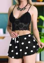 Black Lace Bralette & Polka Dot Shorts Sleepwear Set for Women - Image 2