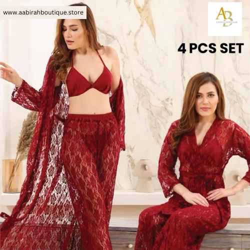 Premium 4-Piece Sheer Mesh Nightwear Set for Women