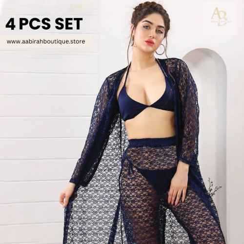 Premium 4-Piece Sheer Mesh Nightwear Set for Women - Image 5