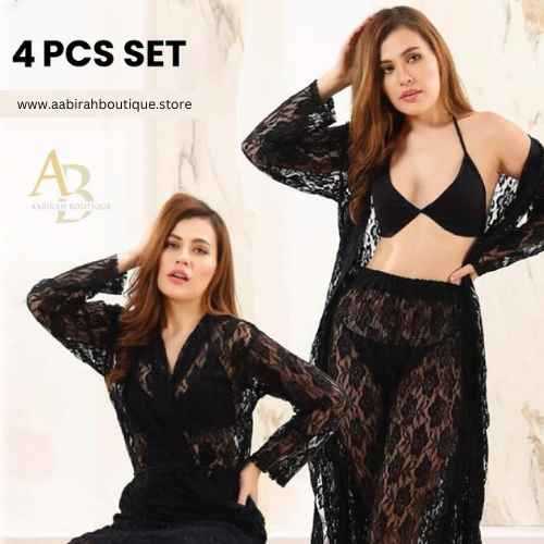 Premium 4-Piece Sheer Mesh Nightwear Set for Women - Image 3