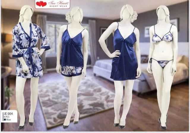 Two Hearts 7-Piece Blue Satin Nightwear Set for Women