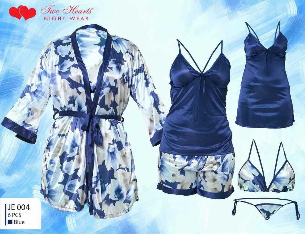 Two Hearts 7-Piece Blue Satin Nightwear Set for Women - Image 2