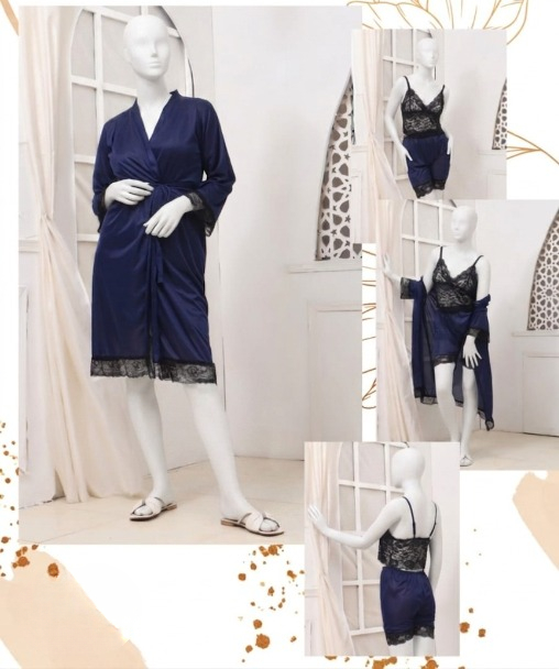 Women's Luxury Silk Nightwear Set with Black Lace 3 Piece Robe & Slip Dress SKU R-011 Free Size - Image 3