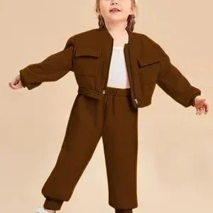 Kids Brown Fleece Jacket & Trouser Set 2Pcs | Warm Winter Outfit for Boys & Girls