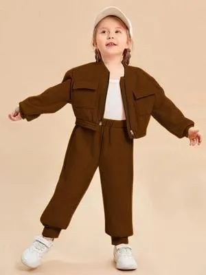 Kids Brown Fleece Jacket & Trouser Set 2Pcs | Warm Winter Outfit for Boys & Girls