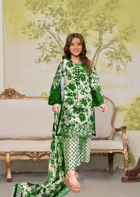 Green Floral Lawn Shirt Trouser Dupatta Set for Girls - Image 3