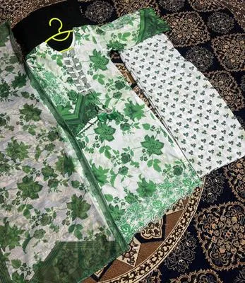 Green Floral Lawn Shirt Trouser Dupatta Set for Girls - Image 2