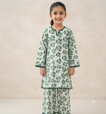 2 Pcs Girl's Cotton Printed Kurta & Pajama | Soft Stitched Casual Suit for Girls - Image 2