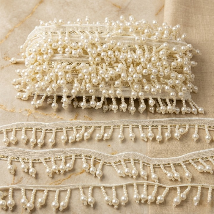 Hania Amir Dupatta Lace | Elegant Pearl-Style Beaded Ribbon - Image 3