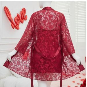 Soft Lace Robe & Silk Inner  2 Piece Transparent Net Gown Set | Free Size (Fits Up to 38 Chest)