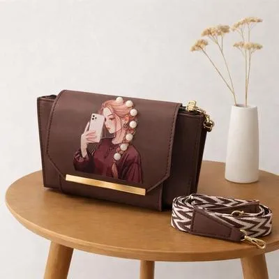 Brown Printed Leather Women's Handbag with Adjustable Strap | Premium Ladies Shoulder Bag - Image 2
