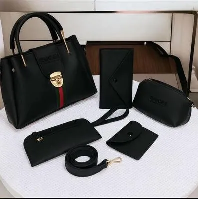 Women's Leather Handbag Set 5 Pcs Lock Style | Premium Ladies Handbag Collection - Image 3