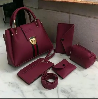 Women's Leather Handbag Set 5 Pcs Lock Style | Premium Ladies Handbag Collection - Image 5