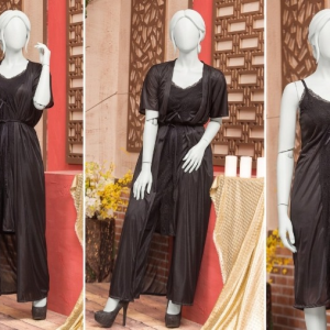 3 Pcs Premium Silk Nightwear Set With Lace