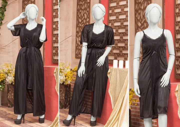 3 Pcs Premium Silk Nightwear Set With Lace