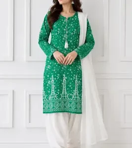 14 August 3 Pcs Women's Stitched Arabic Lawn Block Printed Suit with Shalwar