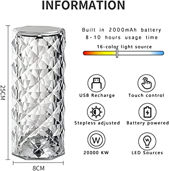 16 Colors Diamond Rose Crystal Lamp Bedside Acrylic Usb Rechargeable Table Lamp - Image 3