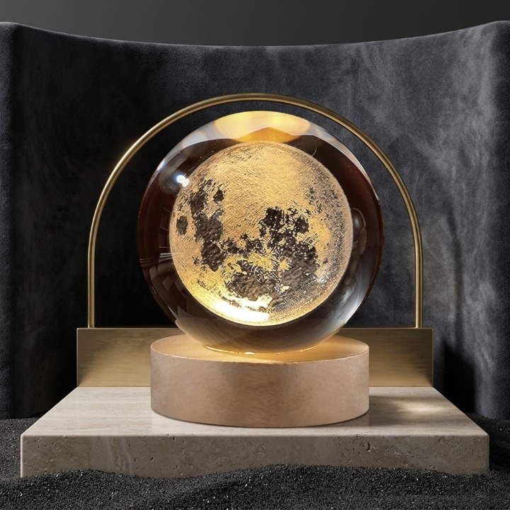 3D Crystal Ball Moon Night Light Laser-Engraved Glass Sphere with Warm LED Wooden Base (Moon Shape Only) - Image 4
