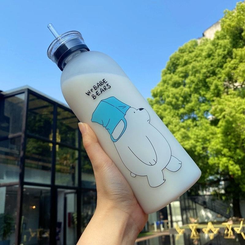 We Bare Bears Panda Water Bottle 1000ml Cute Cartoon Design with Straw & Two Caps - Image 3