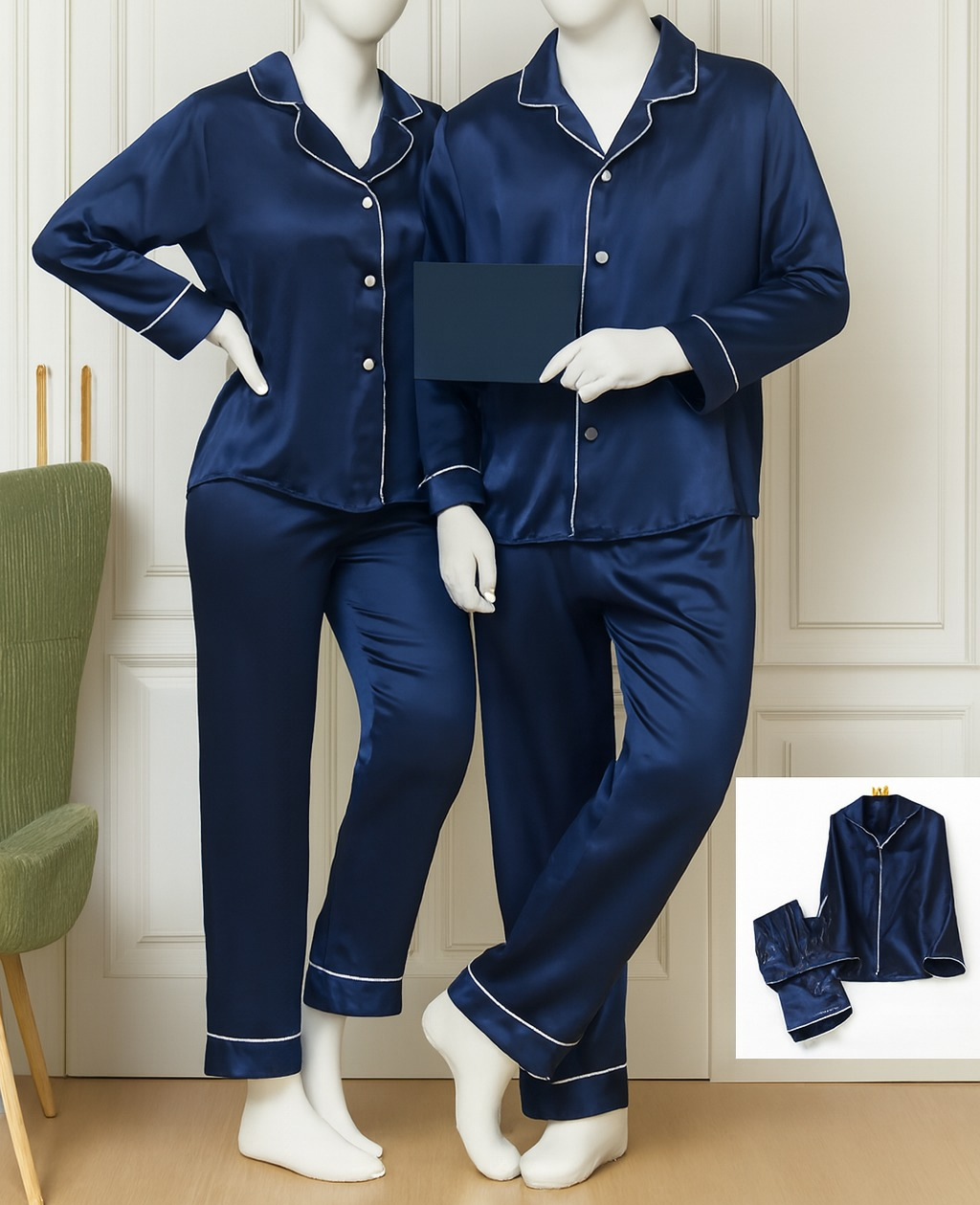 Classic Couple Night Suit Silk Satin Pajama Set Long Sleeve Top & Full-Length Pants (4 Pcs) | DC-C007 - Image 3