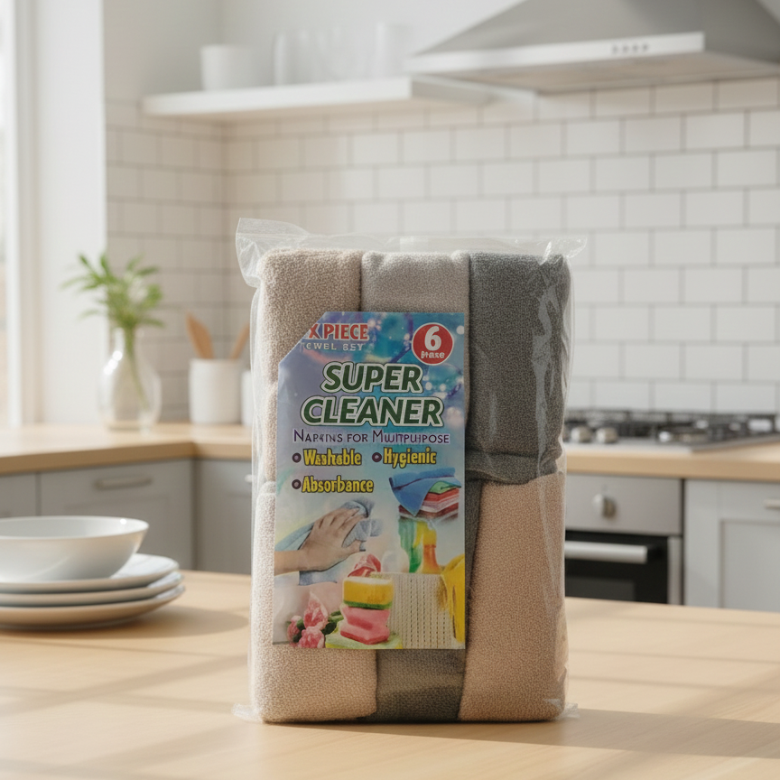 Super Cleaner 6-Piece Multipurpose Microfiber Towel Set Washable & Ultra-Absorbent