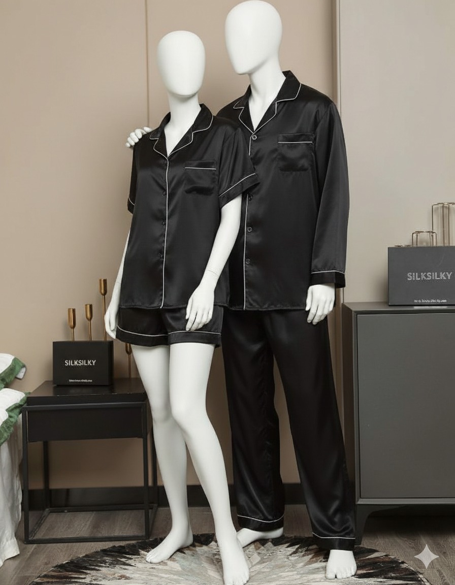 Couple Night Suit / Silk Satin Sleepwear Set Short & Long Style Combo (4 Pcs) | SKU: DC-C009