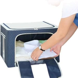 Foldable Metal Frame Clothes Storage Organizer Bag Large Capacity Fabric Wardrobe Box with Zipper & Clear Window