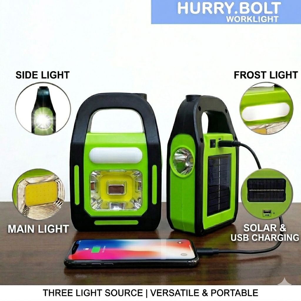 Solar Rechargeable 3-in-1 Emergency Light - Hurry Bolt Portable LED Work Light, Torch & Power Bank - Image 2