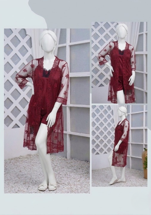 3 Pcs Luxurious Silk & Net Black Lace Women's Sleepwear Set Top Short & Gown Nightwear (Free Size) - Image 3