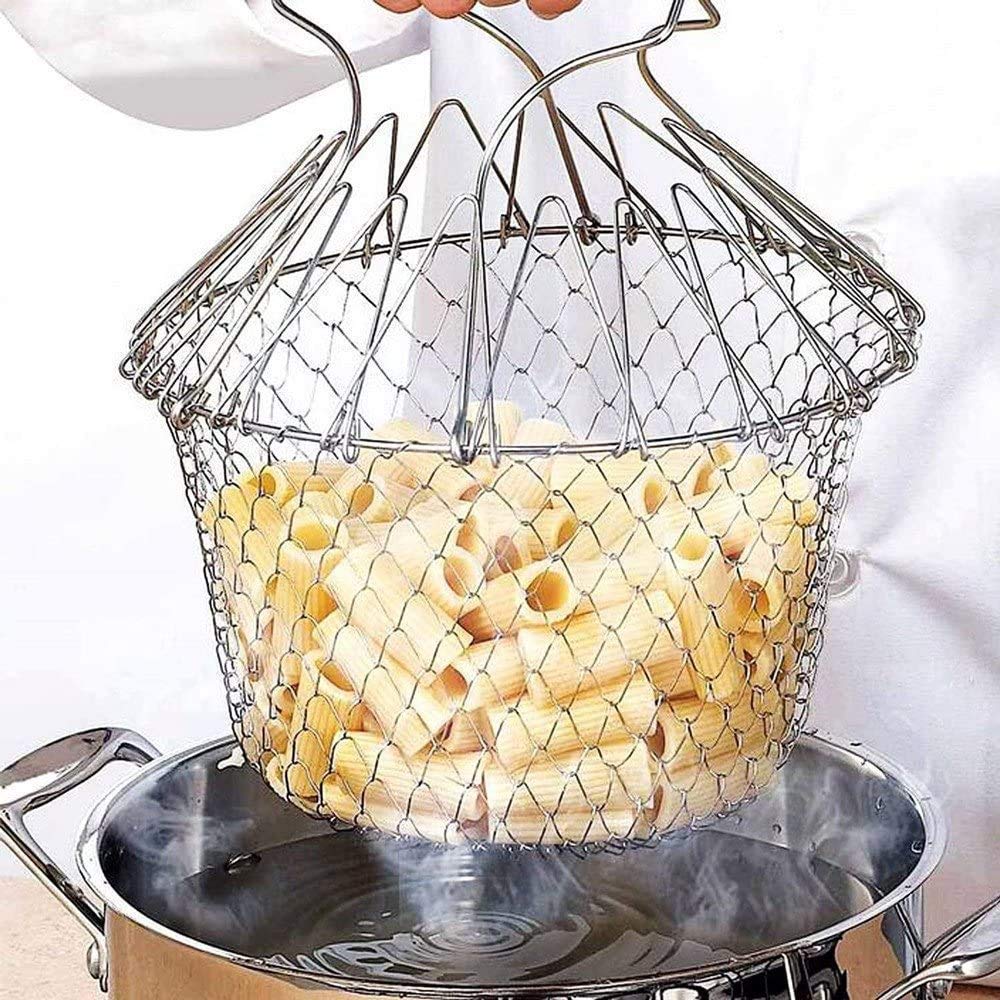 Stainless Steel Multi-Functional Foldable Chef Basket Deluxe Kitchen Colander, Mesh Steam, Rinse, Strain & Fry Basket - Image 4