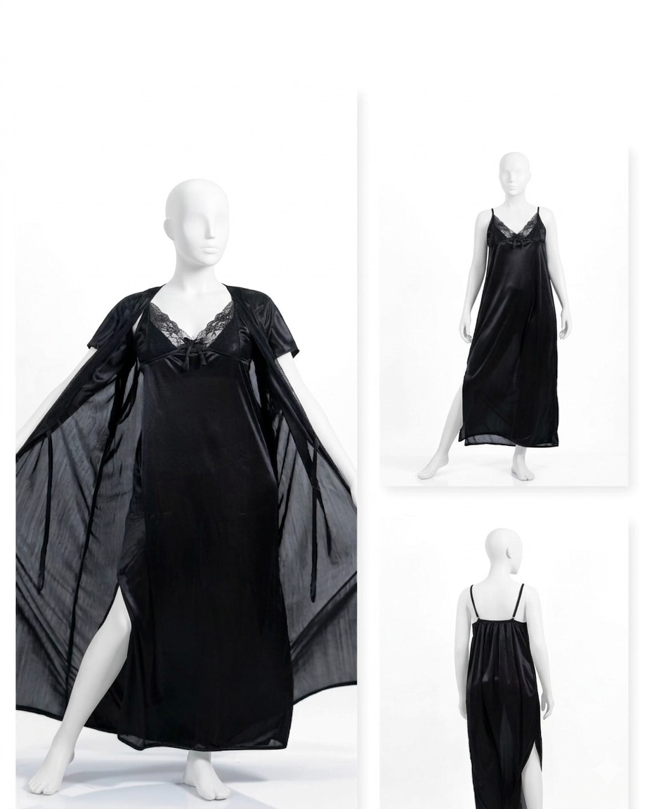 2 Pcs Premium Silk Lace Women's Sleepwear Set Inner & Gown Nightwear (Size Free) - Image 2