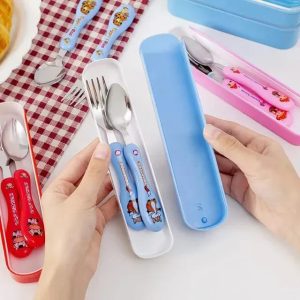 Portable Kids' Stainless Steel Cutlery Set  Ergonomic Cartoon Spoon and Fork with Slim-Fit Travel Storage Case for School Lunches, Picnics, and Toddler Self-Feeding