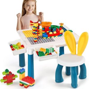 Kids Building Blocks Table With Chair Multi-Functional Play Set For Creative Learning, Building, Drawing, And Fun Activities