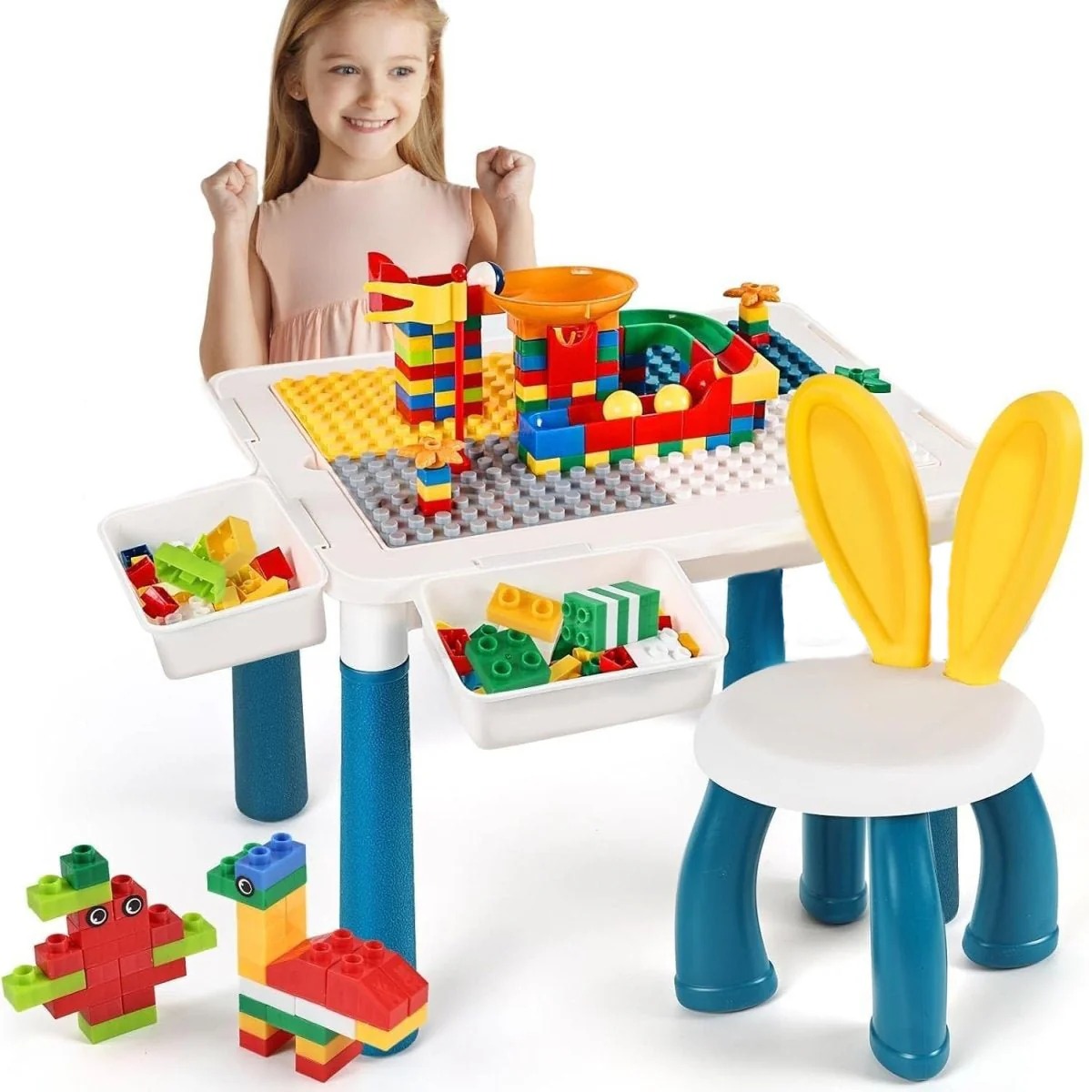 Kids Building Blocks Table With Chair Multi-Functional Play Set For Creative Learning, Building, Drawing, And Fun Activities