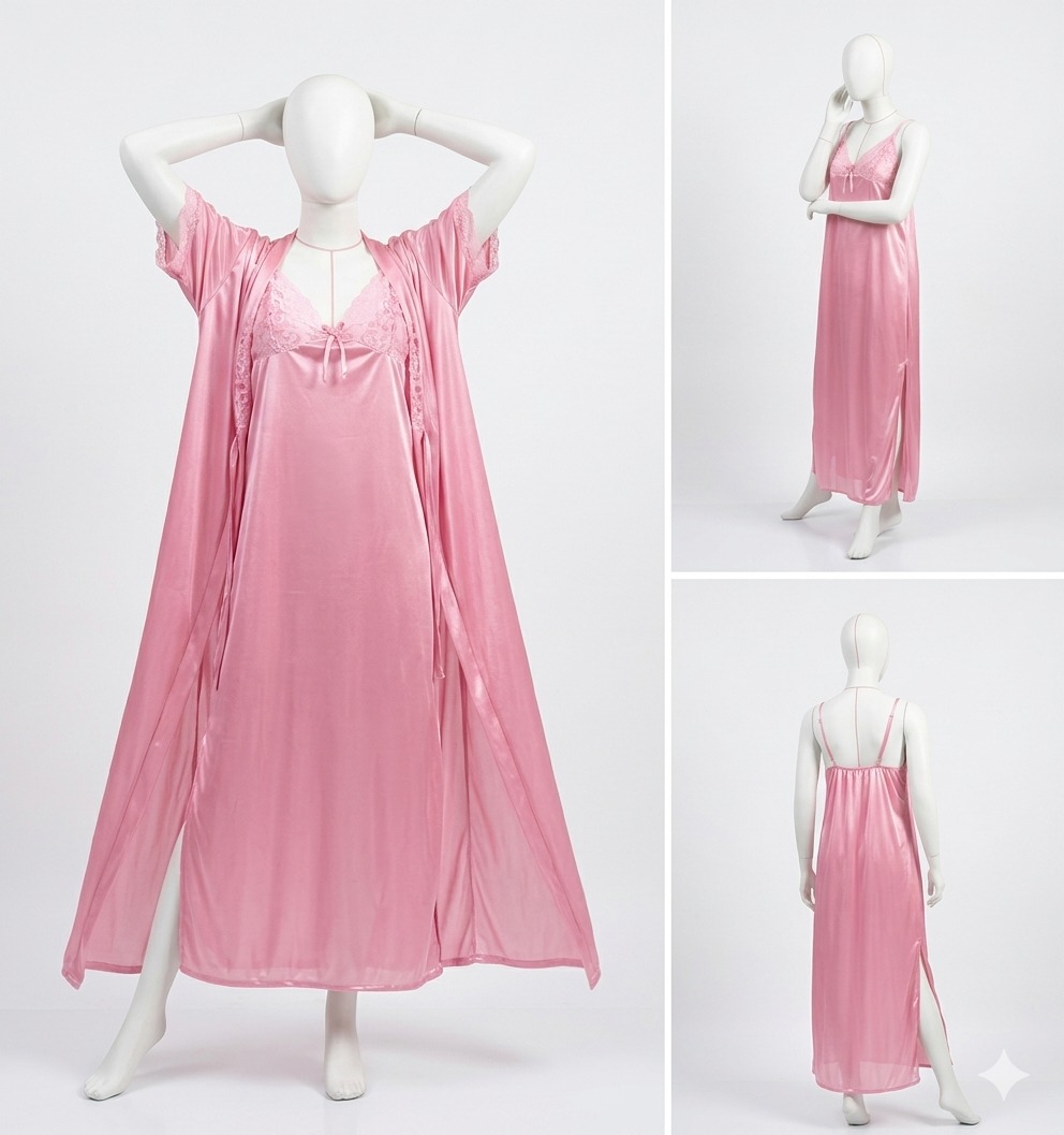 2 Pcs Premium Silk Lace Women's Sleepwear Set Inner & Gown Nightwear (Size Free) - Image 3