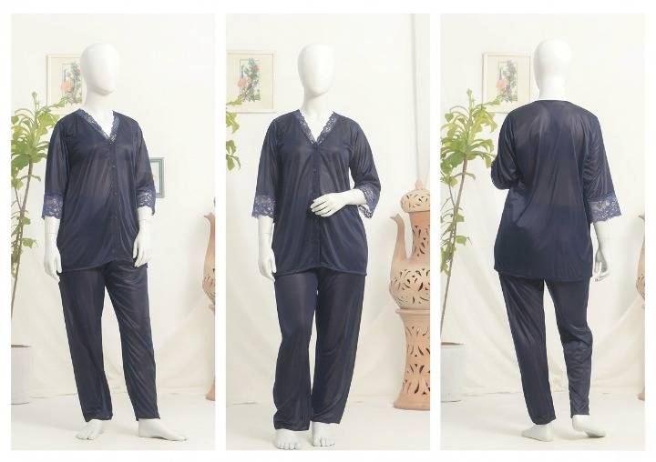 Womens Luxury Silk Satin Pajama Set with Elegant Lace Trim SKU R-010 Free Size - Image 3